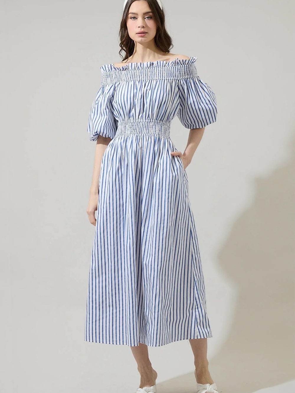 Sugarlips Blue and White Striped Off-Shoulder Midi Dress